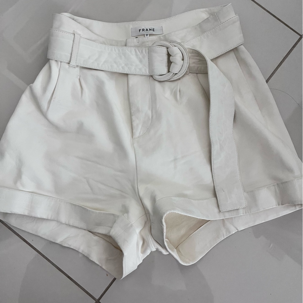 Frame Denim High Waist Cream bone lamb leather Belted Shorts - Picture 1 of 6